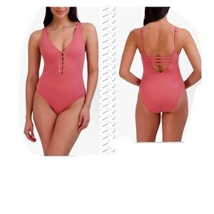 BCBGMAXAZRIA One Piece Swimsuit Lace Up Grommet Tummy Control Black Size Small